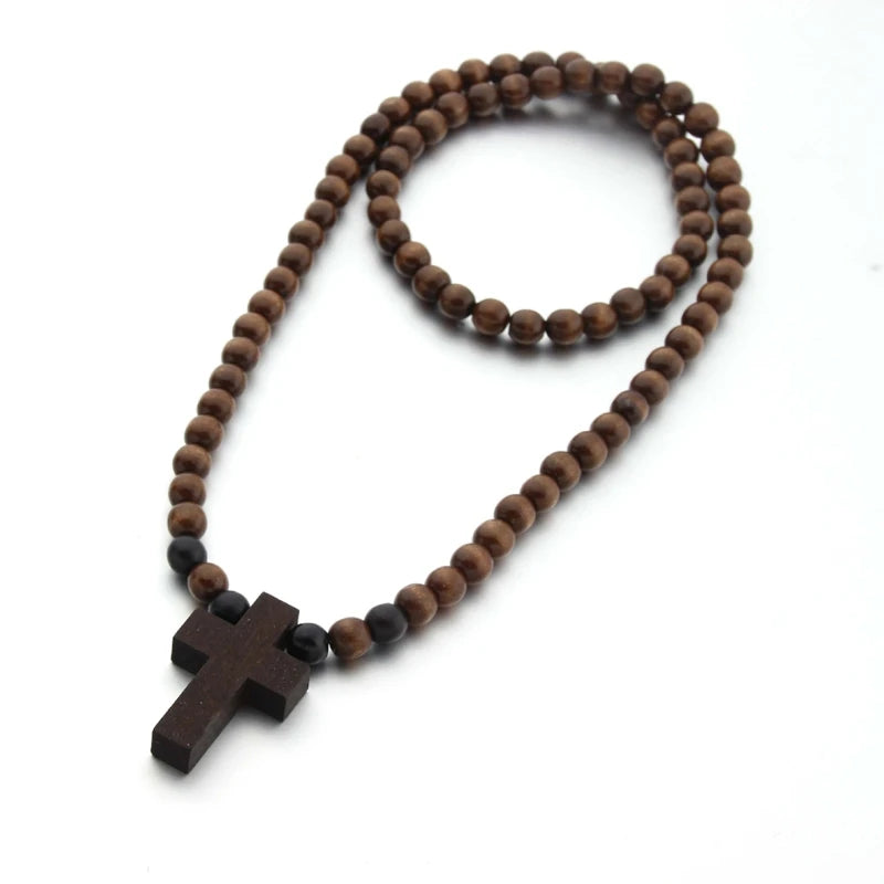 Wood Bead Religious Catholic Crucifix Pendant Necklace Bracelet Set First Communion Gift Inspirational Cross for Prayer