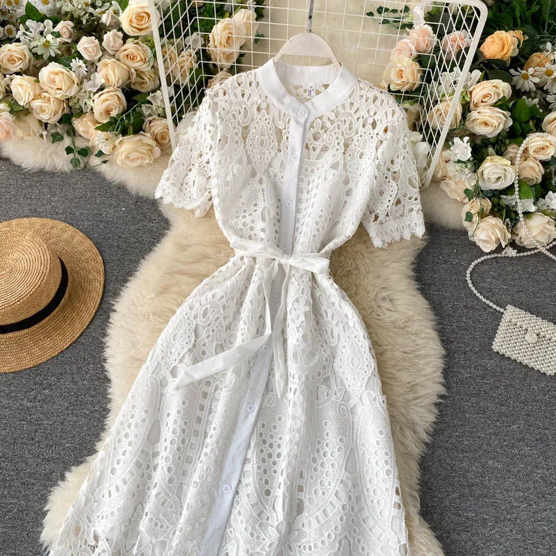 Sanishroly 2020 Summer Autumn Sexy Hollow Out Dress Women Tie Bow Lace Dress Female Button Short Sleeve Long Dress Vestidos C060
