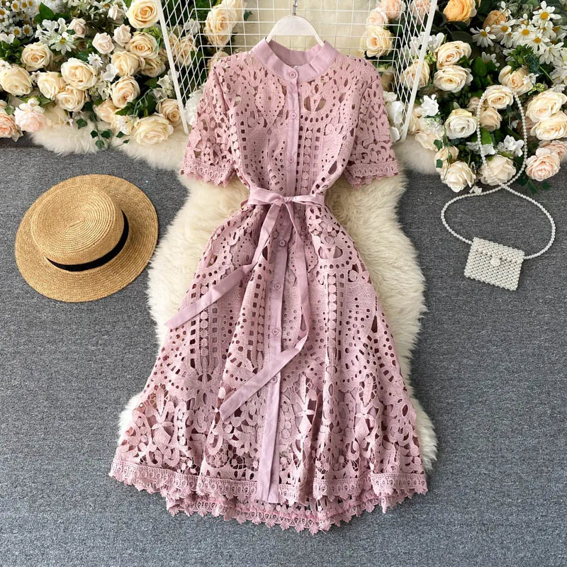 Sanishroly 2020 Summer Autumn Sexy Hollow Out Dress Women Tie Bow Lace Dress Female Button Short Sleeve Long Dress Vestidos C060