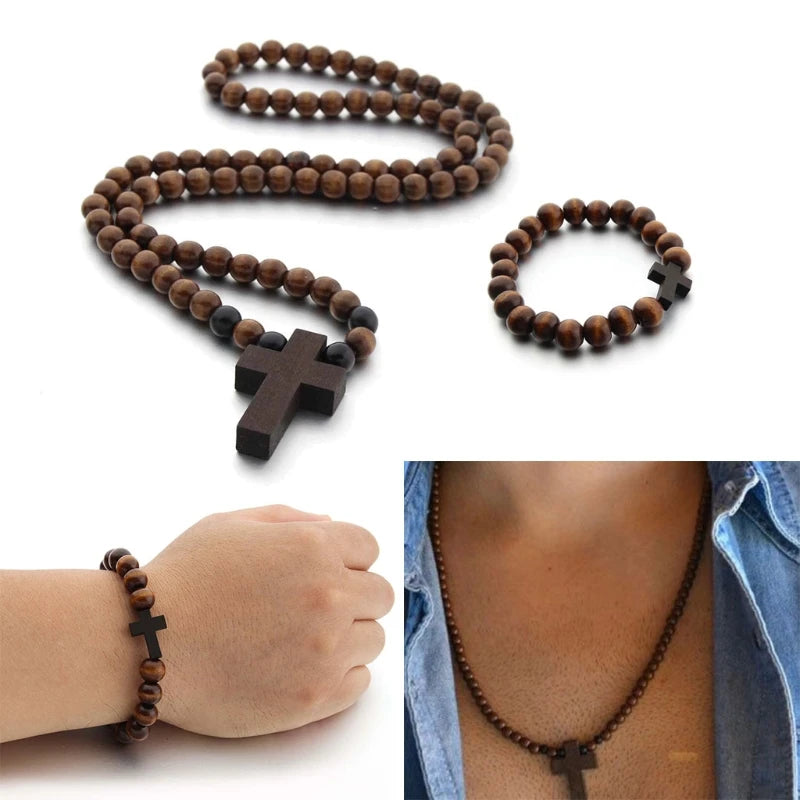 Wood Bead Religious Catholic Crucifix Pendant Necklace Bracelet Set First Communion Gift Inspirational Cross for Prayer