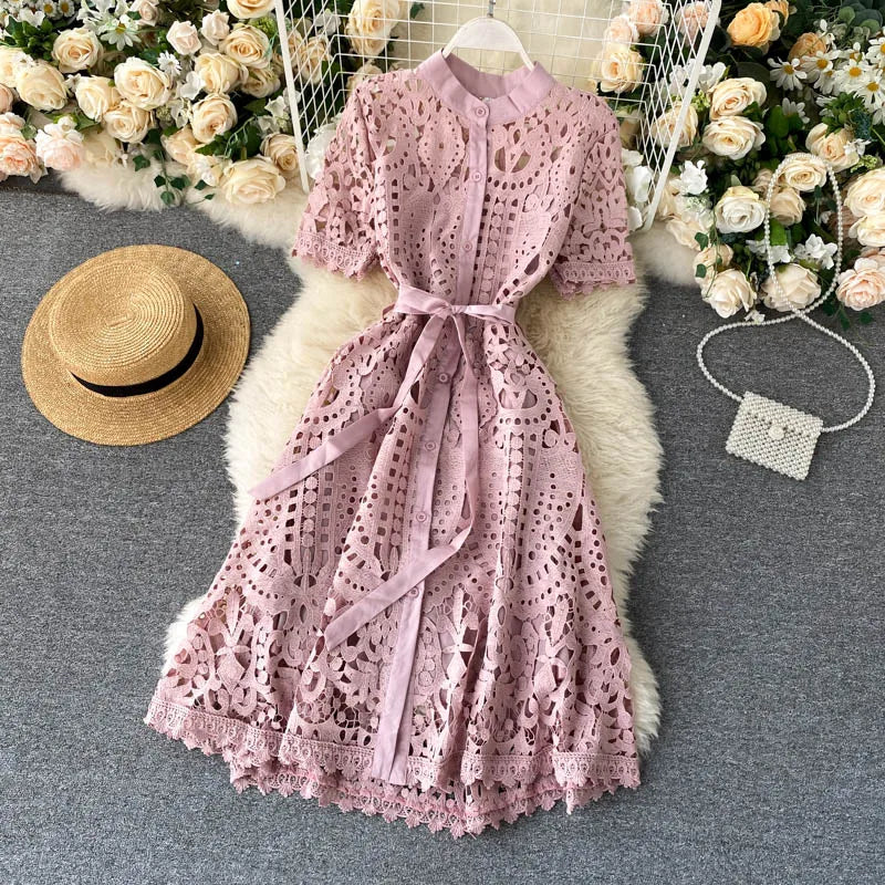 Sanishroly 2020 Summer Autumn Sexy Hollow Out Dress Women Tie Bow Lace Dress Female Button Short Sleeve Long Dress Vestidos C060