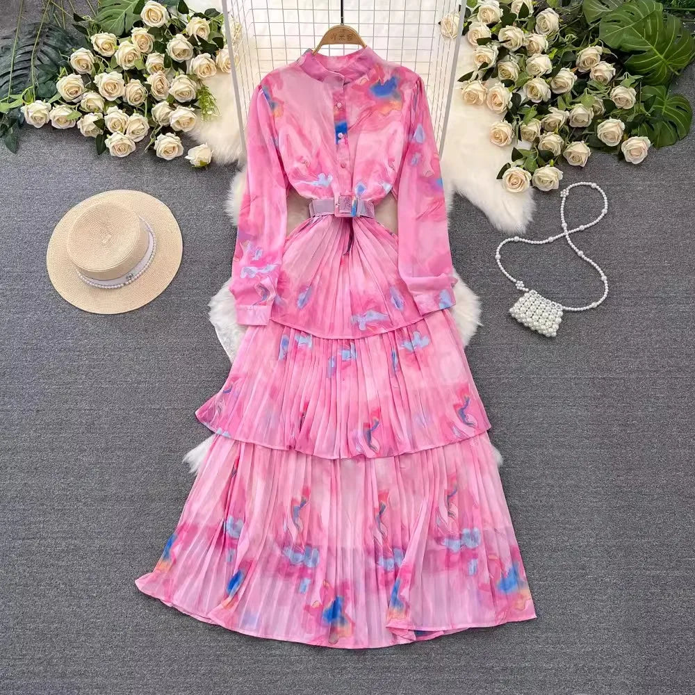 One Size  Spring and Autumn Long Sleeved Standing Neck Waist Collection A-line Printed Dress Ruffle Edge Cake Chiffon Dress
