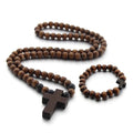 Wood Bead Religious Catholic Crucifix Pendant Necklace Bracelet Set First Communion Gift Inspirational Cross for Prayer