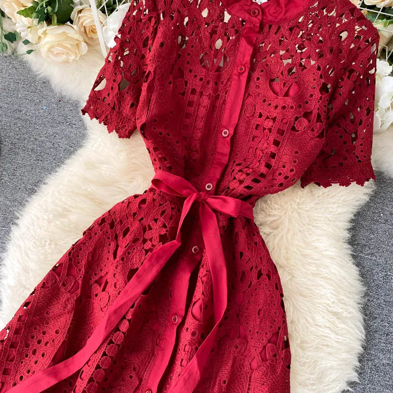 Sanishroly 2020 Summer Autumn Sexy Hollow Out Dress Women Tie Bow Lace Dress Female Button Short Sleeve Long Dress Vestidos C060