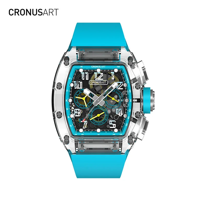 Sapphire Openwork Mechanical Watch for Men - Transparent Dial Design with Luminous Hands, Available in Multiple Colours