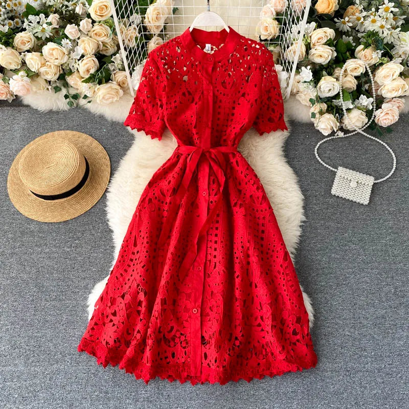 Sanishroly 2020 Summer Autumn Sexy Hollow Out Dress Women Tie Bow Lace Dress Female Button Short Sleeve Long Dress Vestidos C060