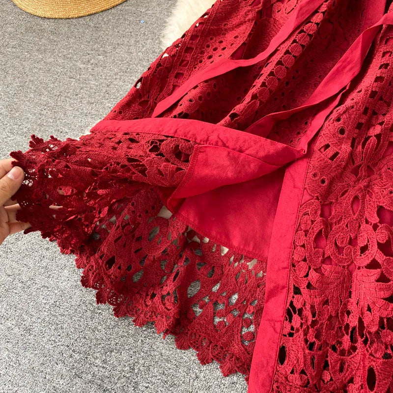 Sanishroly 2020 Summer Autumn Sexy Hollow Out Dress Women Tie Bow Lace Dress Female Button Short Sleeve Long Dress Vestidos C060