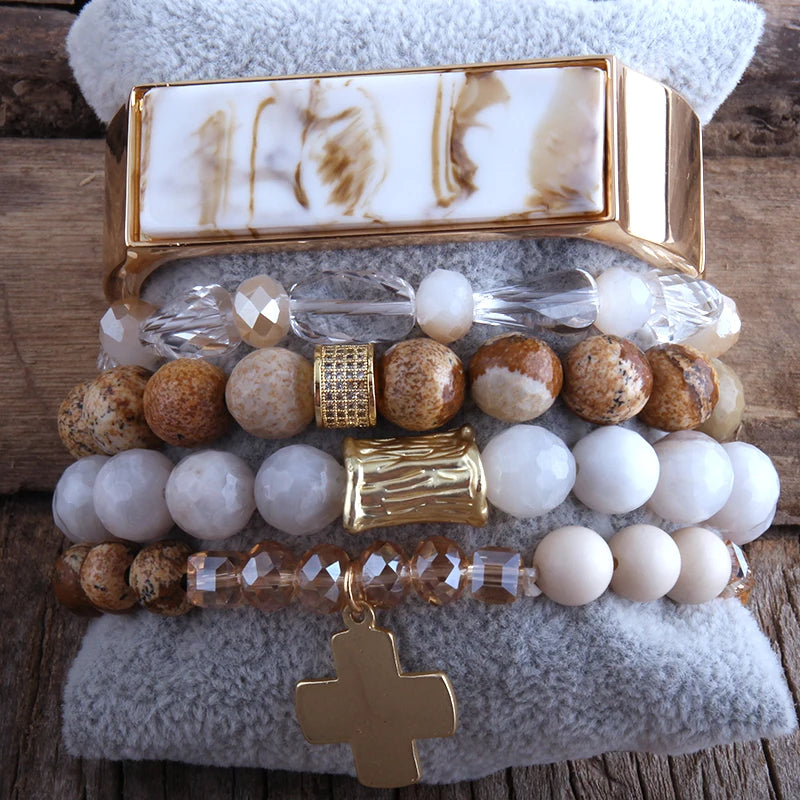 Fashion Designer Boho Beaded Bracelet Natural Stone Crystal Druzy 5pc Bracelets Sets For Women  Jewelry Gift
