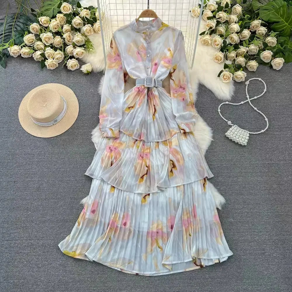 One Size  Spring and Autumn Long Sleeved Standing Neck Waist Collection A-line Printed Dress Ruffle Edge Cake Chiffon Dress