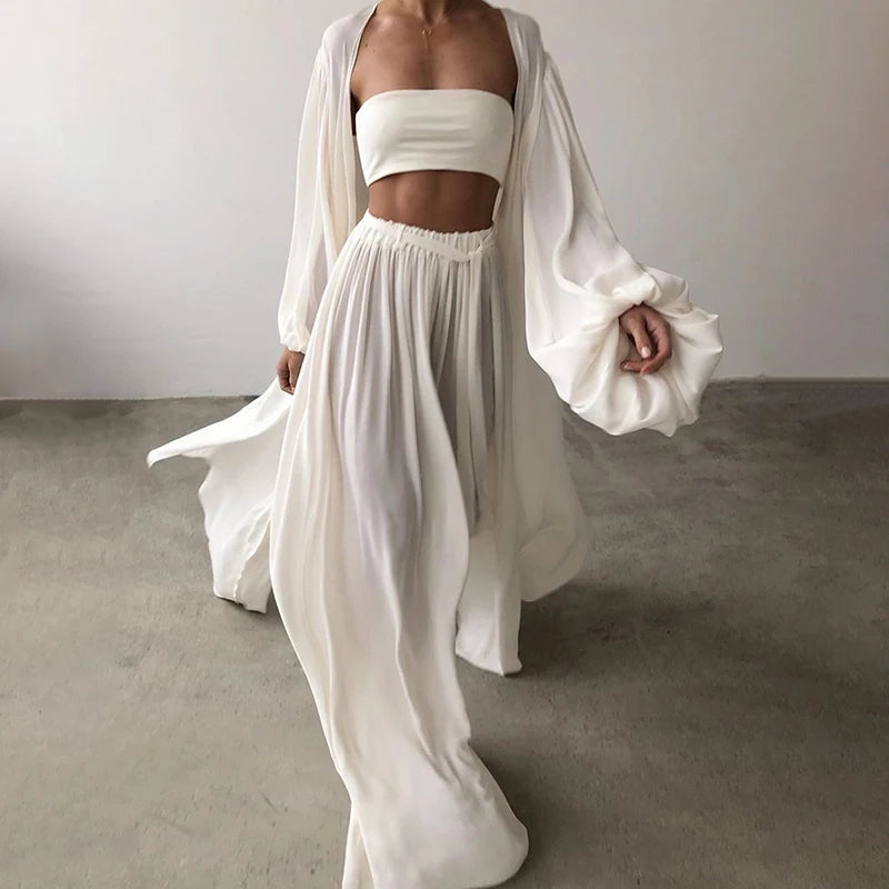 ANSZKTN Short Vest Lantern Long Sleeve Coat High Waist Wide Leg Pants Sexy Women 2 Pieces Sets