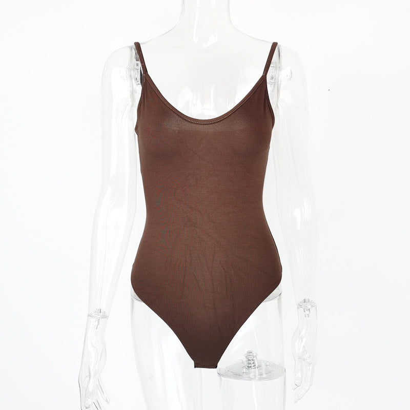 Cross-Border New Product Sexy Tight T-Shaped Bottoming Women's Summer European and American Backless V Neck Suspbottomer Bodysuit Bodysuit