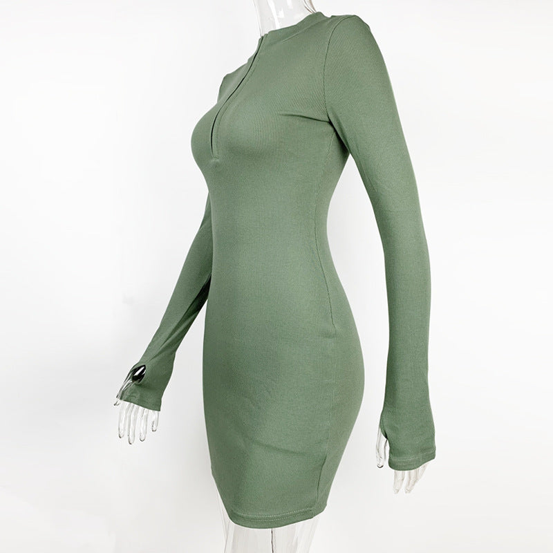 2025 Amazon autumn and winter fashion women's European and American sexy trend slim skirt rib zipper long sleeve dress