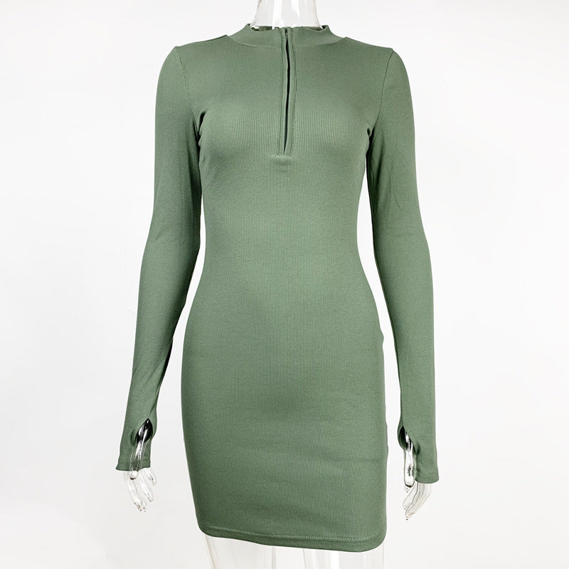 2025 Amazon autumn and winter fashion women's European and American sexy trend slim skirt rib zipper long sleeve dress