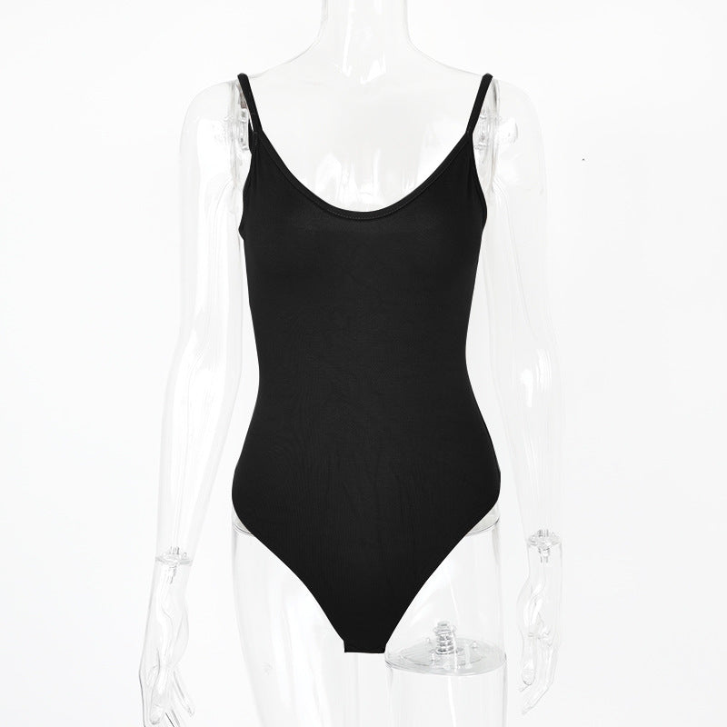 Cross-Border New Product Sexy Tight T-Shaped Bottoming Women's Summer European and American Backless V Neck Suspbottomer Bodysuit Bodysuit