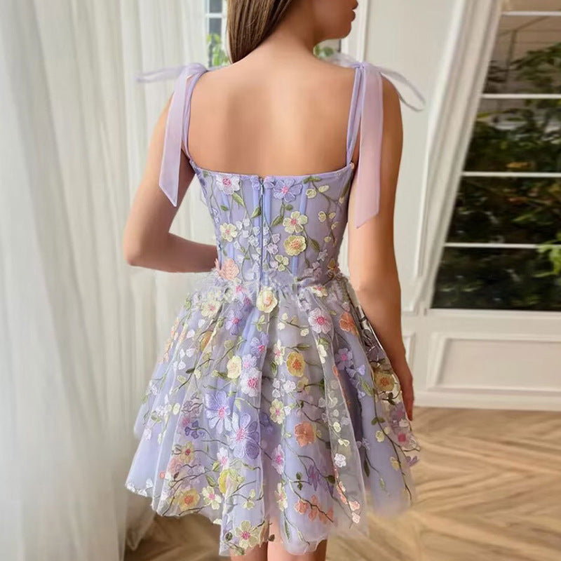 2025 Direct Sales European and American Cross-Border Amazon Women's Fashion Three-Dimensional Flower Embroidery Bodycon Sexy Strap Dress