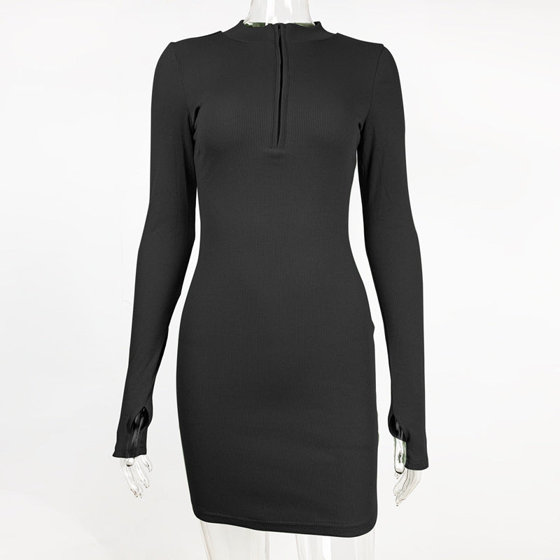 2025 Amazon autumn and winter fashion women's European and American sexy trend slim skirt rib zipper long sleeve dress