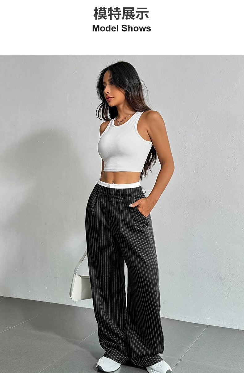 2025 Cross-border Spring and Summer New Women's Trousers Fashion Casual High Waist Stitching Dosing Loose Straight Pants