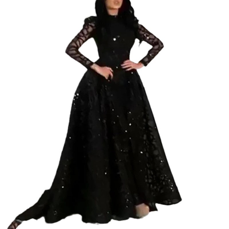 2026 New European and American Foreign Trade Women's Dress Amazon Independent Long-Sleeve Gold-Spattered Long Dress Gown