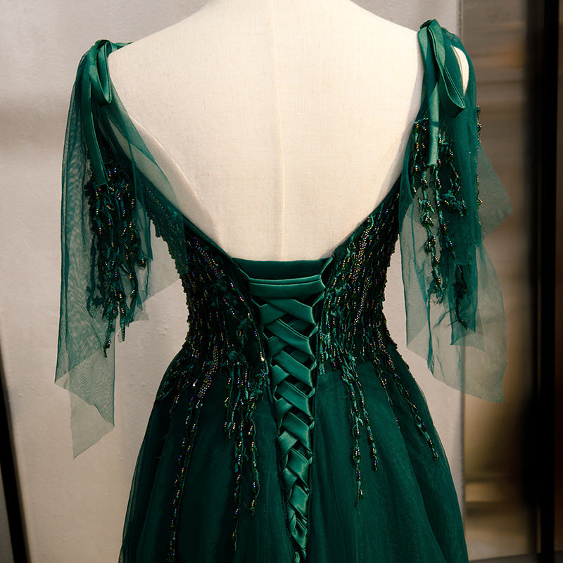 European and American Evening Dress Women's 2025 New Performance Clothing Banquet Accessible Luxury Niche Host Long Skirt Dark Green Evening Dress
