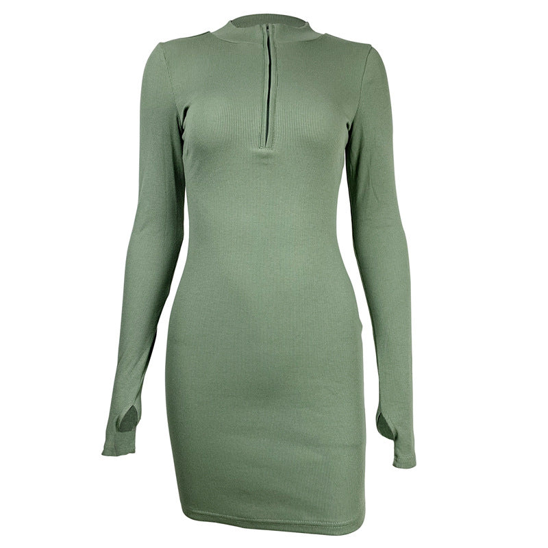 2025 Amazon autumn and winter fashion women's European and American sexy trend slim skirt rib zipper long sleeve dress