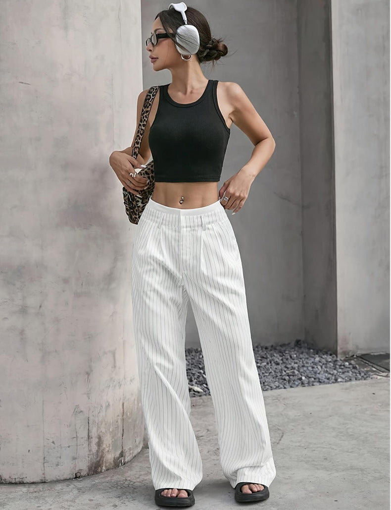 2025 Cross-border Spring and Summer New Women's Trousers Fashion Casual High Waist Stitching Dosing Loose Straight Pants