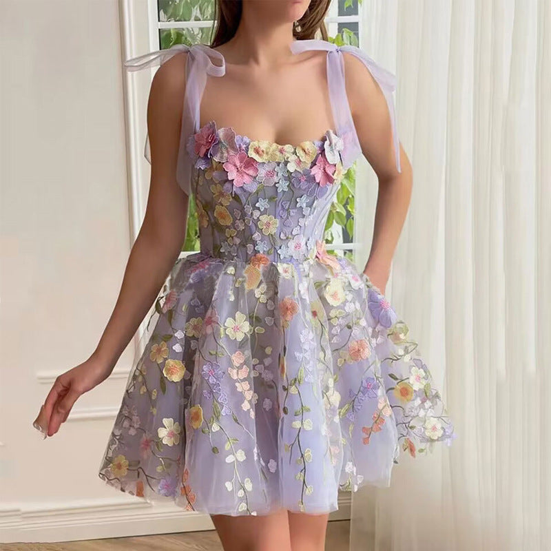 2025 Direct Sales European and American Cross-Border Amazon Women's Fashion Three-Dimensional Flower Embroidery Bodycon Sexy Strap Dress