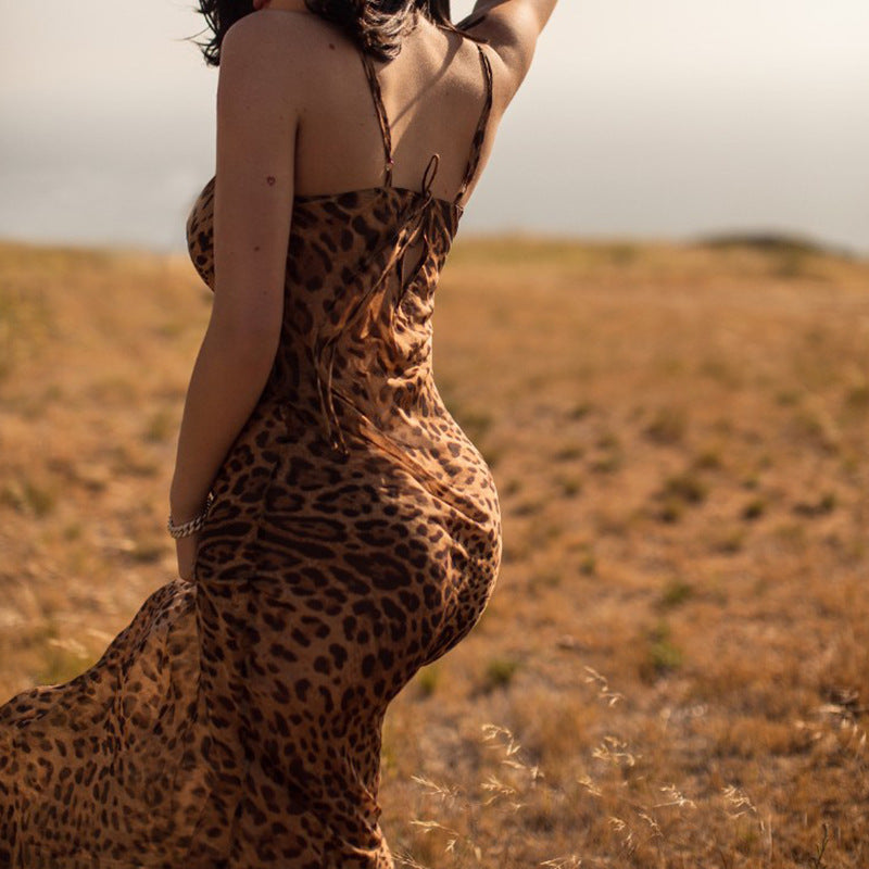 2026 European and American Cross-Border Summer New Women's Clothing Amazon Best-Selling Backless Leopard Print Dress Women's Long Dress