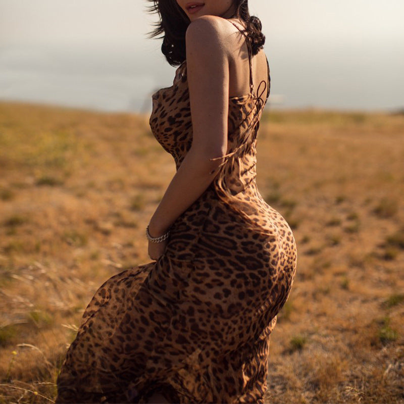 2026 European and American Cross-Border Summer New Women's Clothing Amazon Best-Selling Backless Leopard Print Dress Women's Long Dress