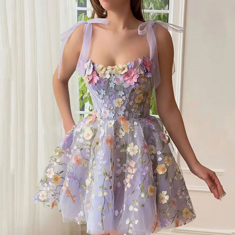 2025 Direct Sales European and American Cross-Border Amazon Women's Fashion Three-Dimensional Flower Embroidery Bodycon Sexy Strap Dress