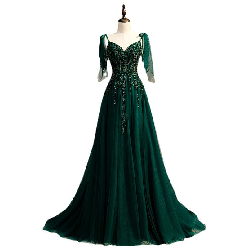 European and American Evening Dress Women's 2025 New Performance Clothing Banquet Accessible Luxury Niche Host Long Skirt Dark Green Evening Dress
