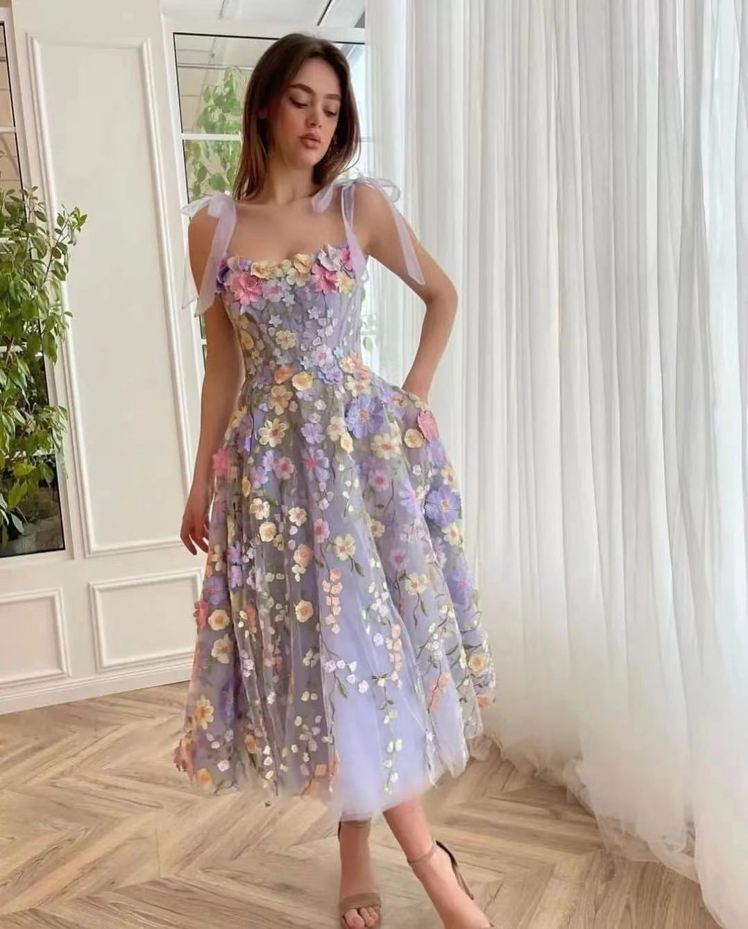 2025 Direct Sales European and American Cross-Border Amazon Women's Fashion Three-Dimensional Flower Embroidery Bodycon Sexy Strap Dress