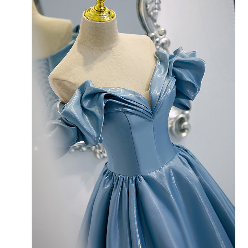 Evening Dress Long Skirt Women's 2025 New Blue Satin Long French One-Shoulder Host Elegant Performance Clothing