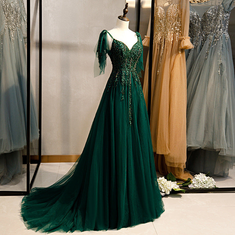 European and American Evening Dress Women's 2025 New Performance Clothing Banquet Accessible Luxury Niche Host Long Skirt Dark Green Evening Dress