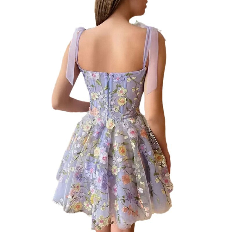 2025 Direct Sales European and American Cross-Border Amazon Women's Fashion Three-Dimensional Flower Embroidery Bodycon Sexy Strap Dress