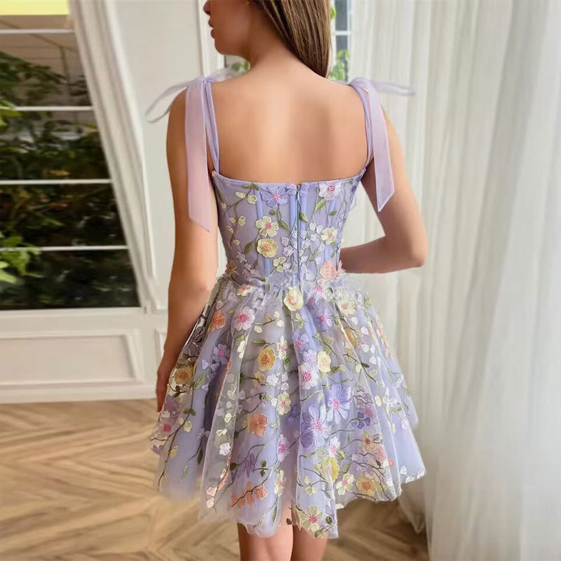 2025 Direct Sales European and American Cross-Border Amazon Women's Fashion Three-Dimensional Flower Embroidery Bodycon Sexy Strap Dress