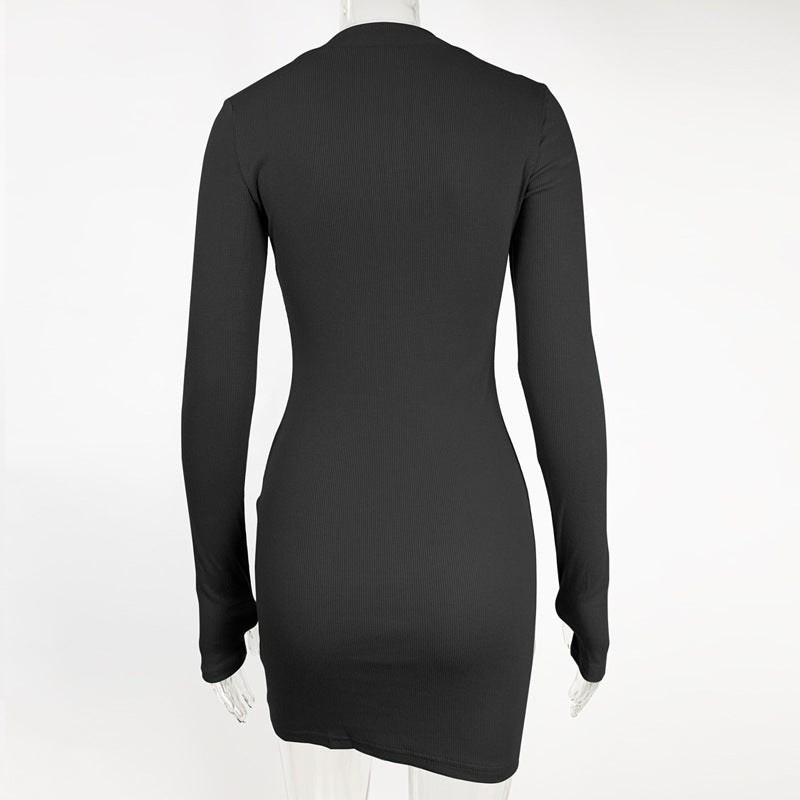 2025 Amazon autumn and winter fashion women's European and American sexy trend slim skirt rib zipper long sleeve dress
