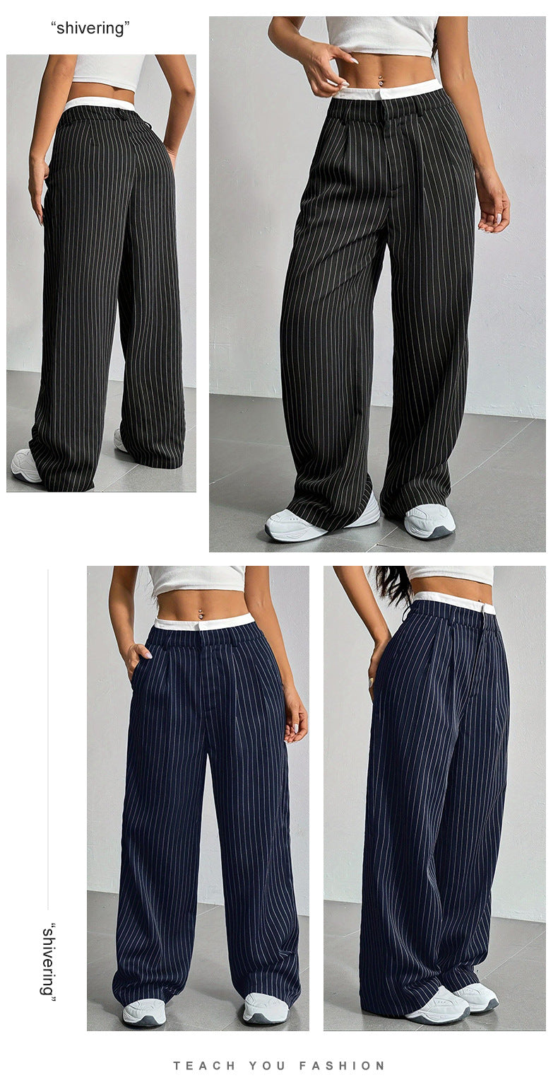 2025 Cross-border Spring and Summer New Women's Trousers Fashion Casual High Waist Stitching Dosing Loose Straight Pants