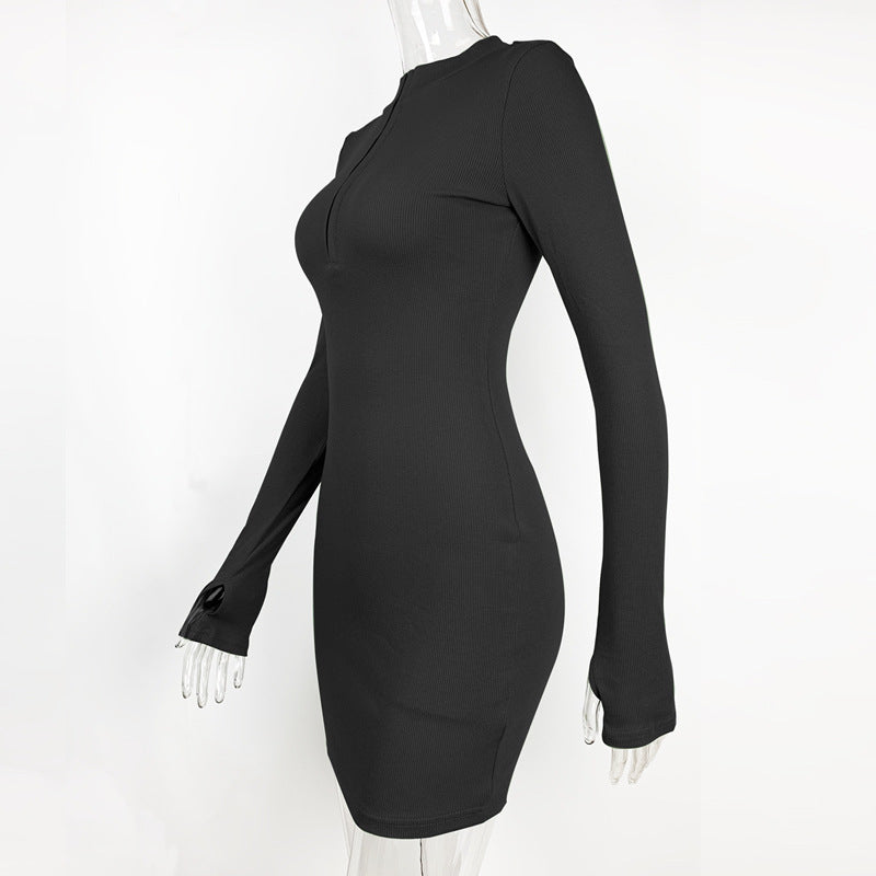 2025 Amazon autumn and winter fashion women's European and American sexy trend slim skirt rib zipper long sleeve dress