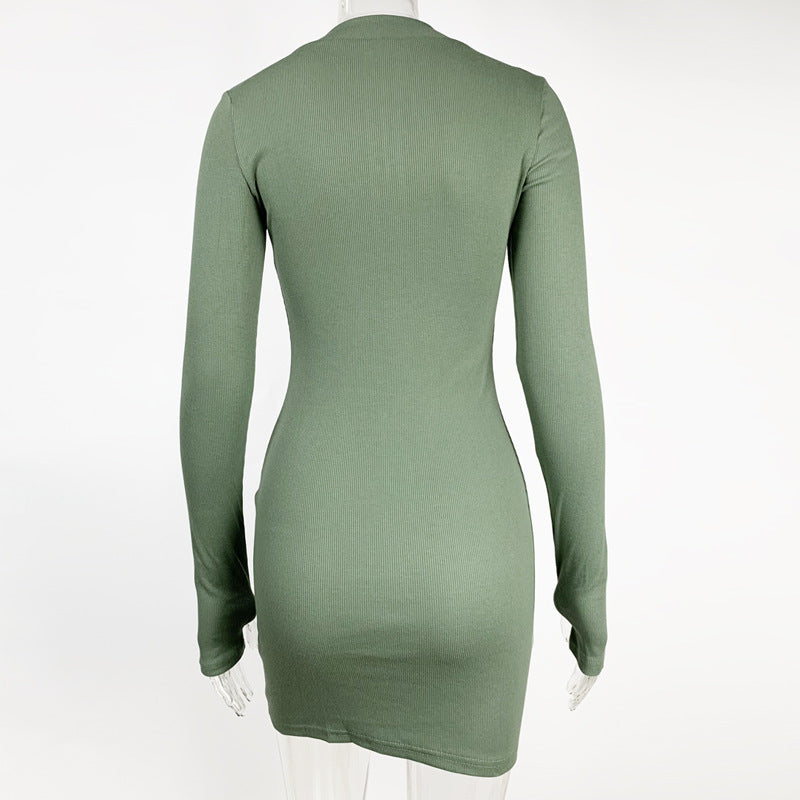 2025 Amazon autumn and winter fashion women's European and American sexy trend slim skirt rib zipper long sleeve dress