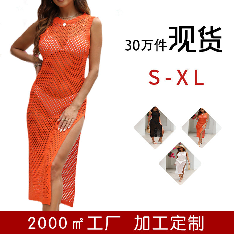 European and American Cross-border Knitted Beach Dress Amazon Hot Vacation Hollow dress Sexy Bikini Beach Blouse
