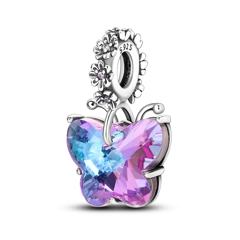 925 Silver Color Gem Butterfly Luminous Firefly Purple Charms Pendants Fit 3mm 925 Original Bracelets DIY Party Jewelry Gift