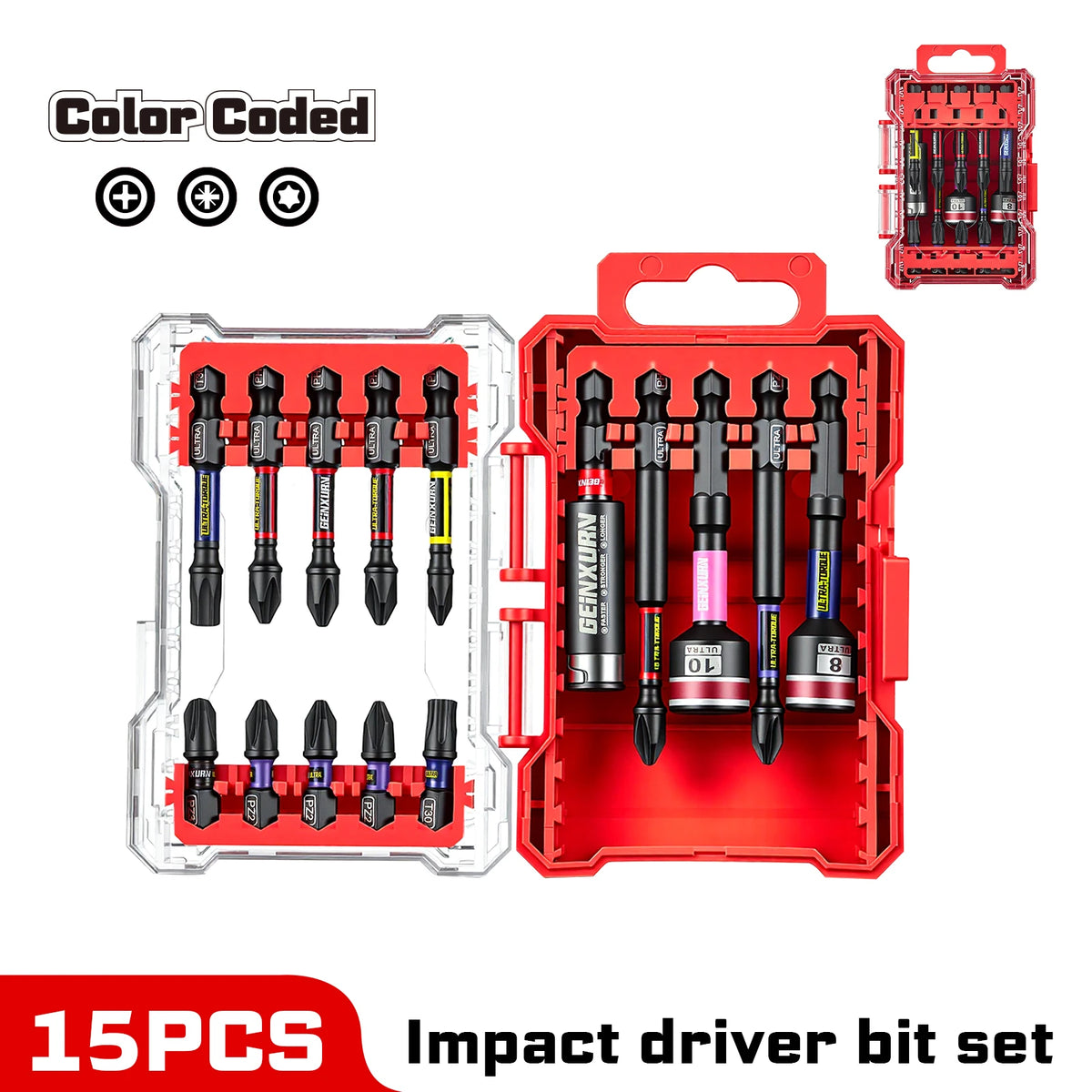 Geinxurn Impact Driver Bit Set with Nut Driver & Double Lock Impact Bit Holder S2 Alloy Steel for DIY