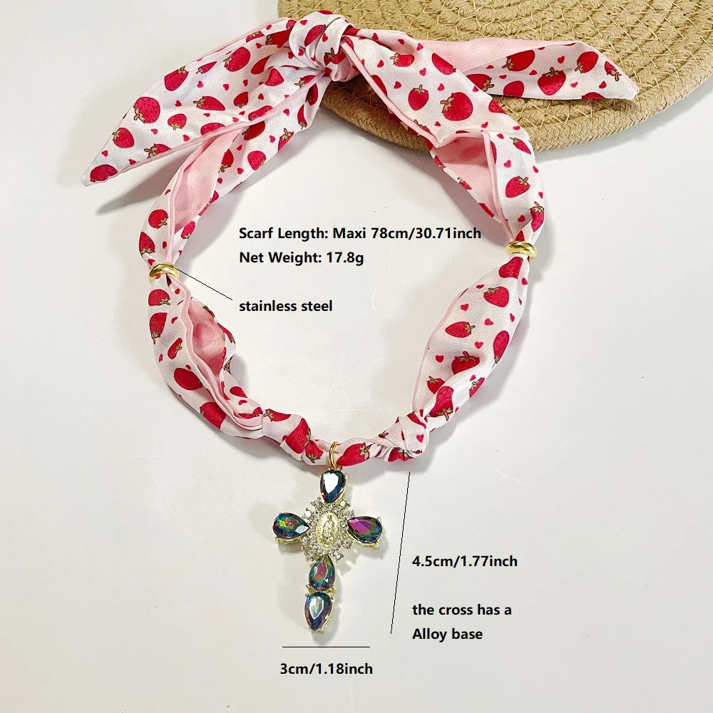 Blue Navy Pink Cross Bandana Necklace Rhinestone Cross with Virgin Mary Medallion & Fashion Adjustable Scarf Chocker