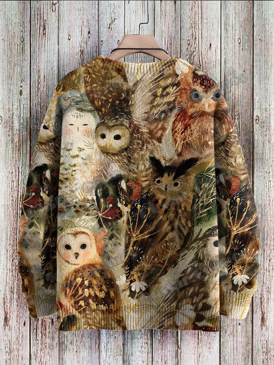 Owl Art Pattern 3D Printed Men's Knitted Pullover Winter
