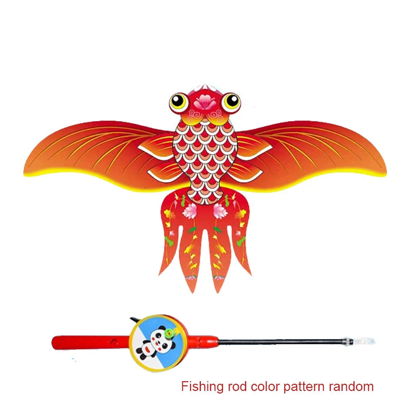 Mini Fishing Rod Kite for Kids Vivid Butterfly Swallow Parrot Easy to Fly Goldfish Kites for Toddler Outdoor Beach Park Beginner