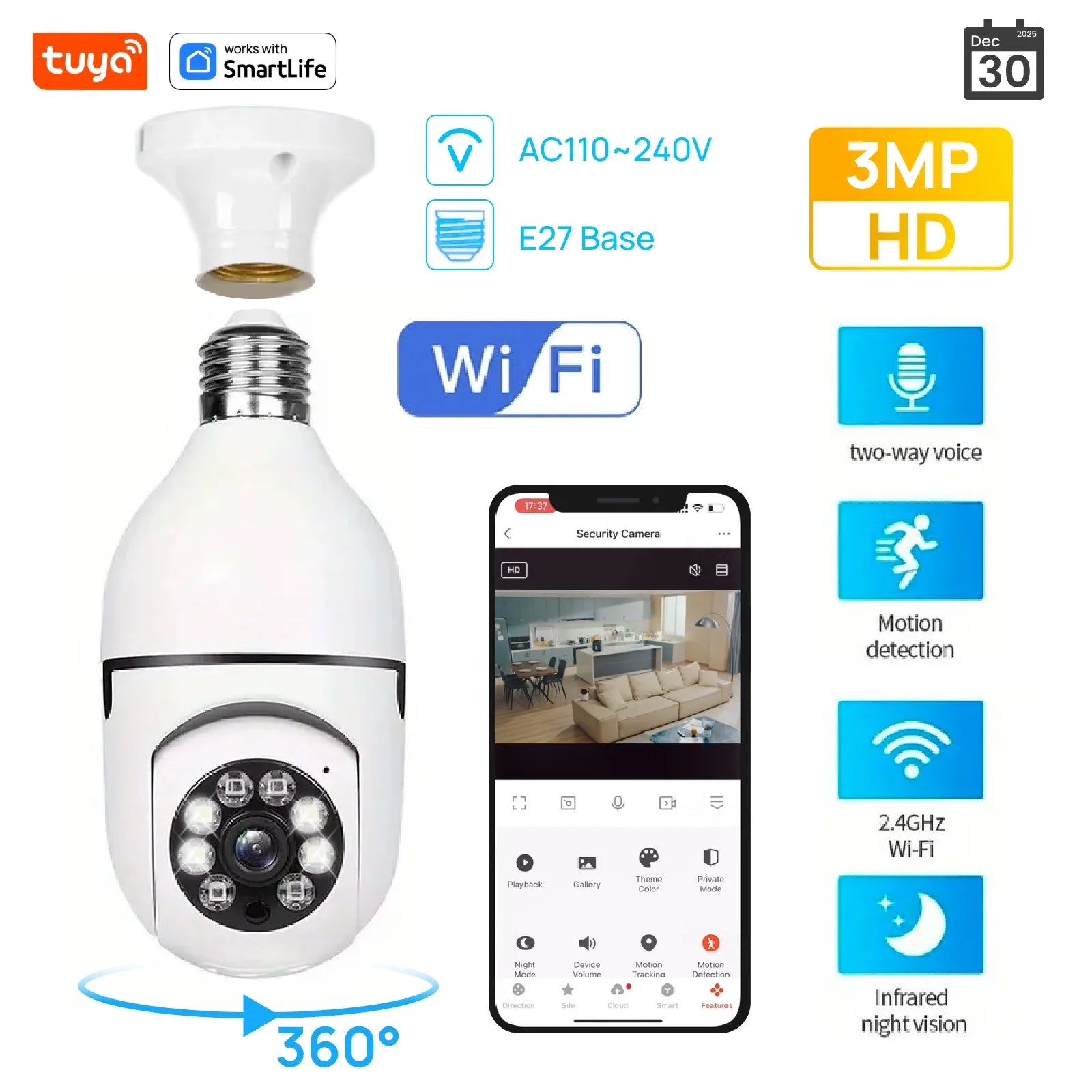 Tuya Smart E27 Security Camera 2.4G 3MP HD for Home,Baby/Elder/Pet Camera 100-240V
