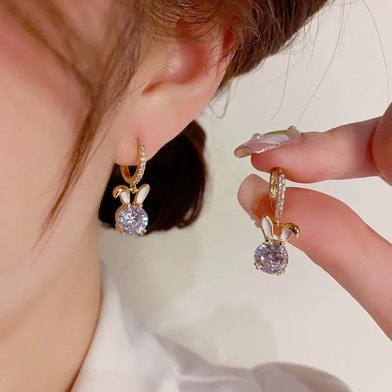Lovely Rabbit Inlaid Zircon Drop Ear Buckle Girls Birthday Party Daily Earrings Jewelry Easter Festival Gifts