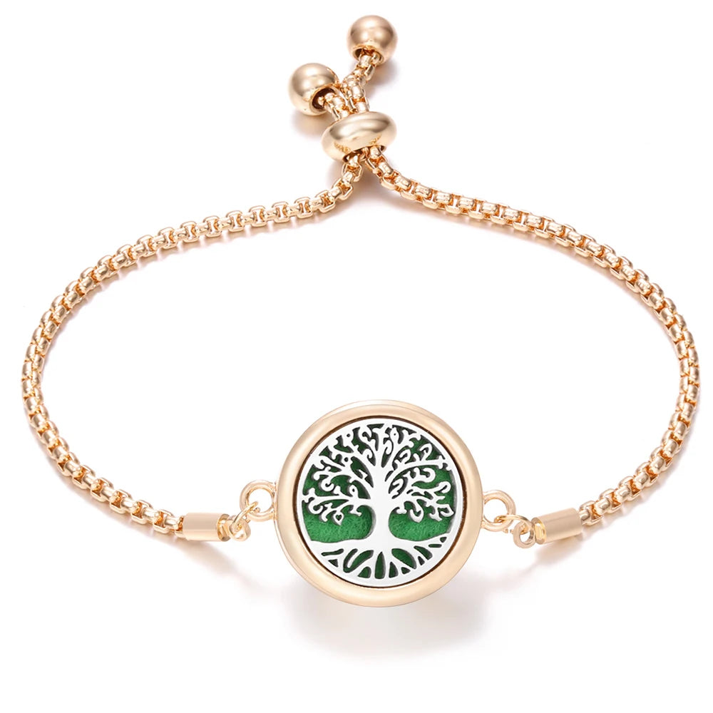 New Trendy Golden Tree of Life Stainless Steel Aromatherapy Bangle Women Essential Oil Diffuser Perfume Lockets Bracelet Jewelry