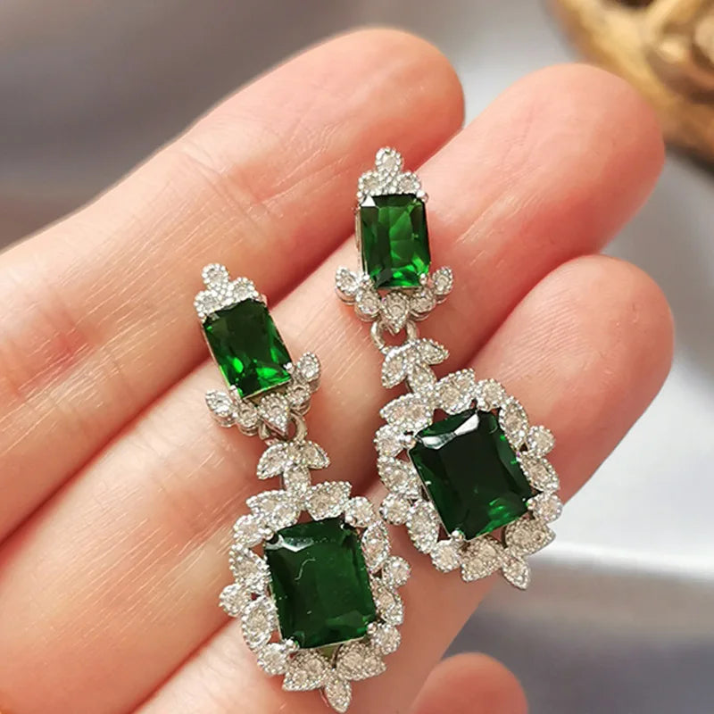 925 Silver Needle Personality Long Green Rhinestone Water Drop Dangle Earrings Women's Elegant Temperament Jewelry Accessories