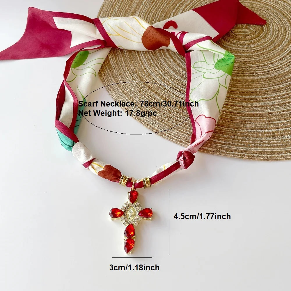 Blue Navy Pink Cross Bandana Necklace Rhinestone Cross with Virgin Mary Medallion & Fashion Adjustable Scarf Chocker